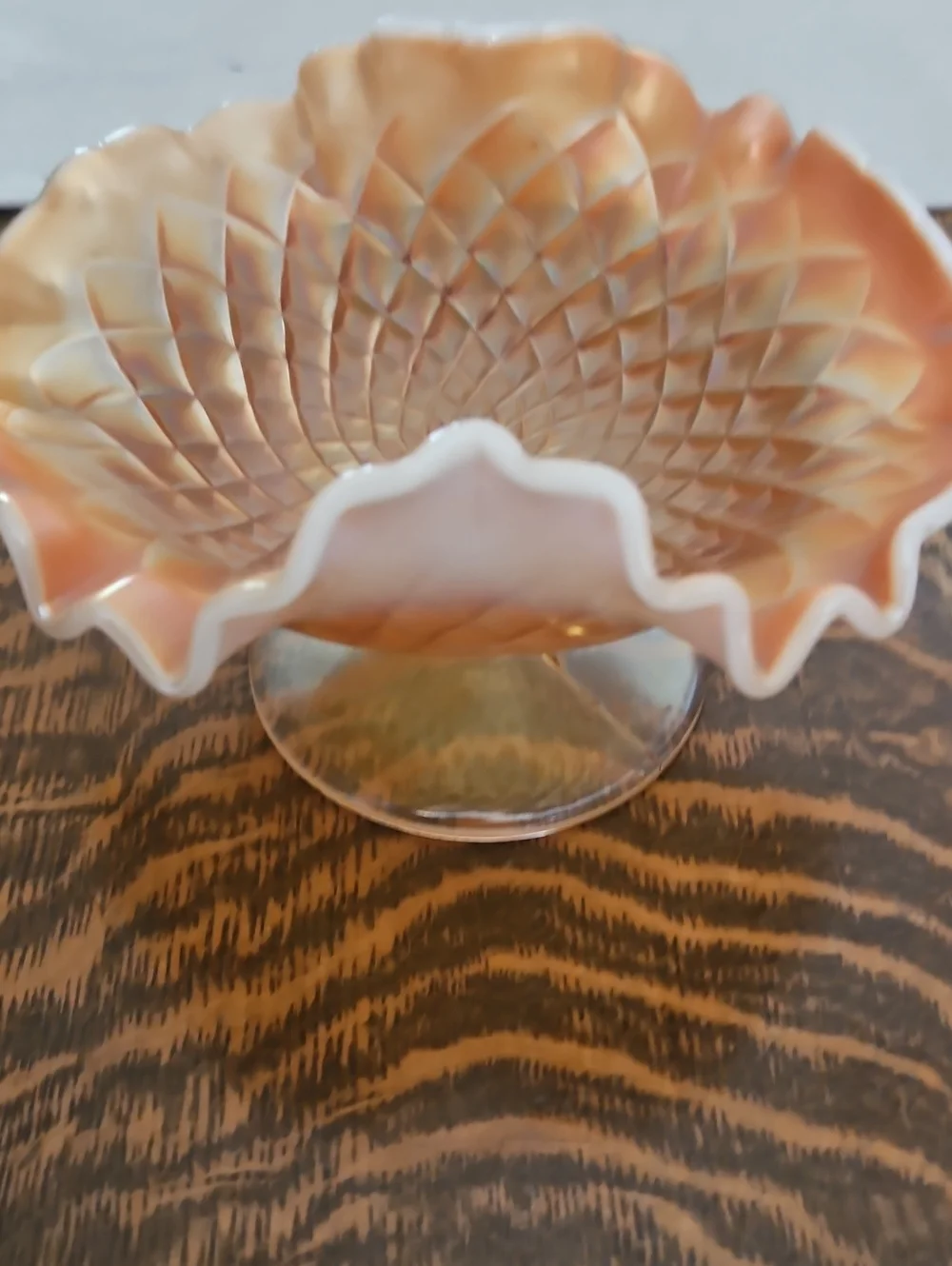 Folding Fan Peach Carnival Glass Pedestal Bowl